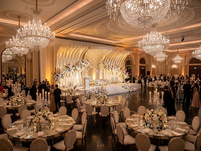 Luxury ballroom event setup and backdrop installation in Dubai hotel