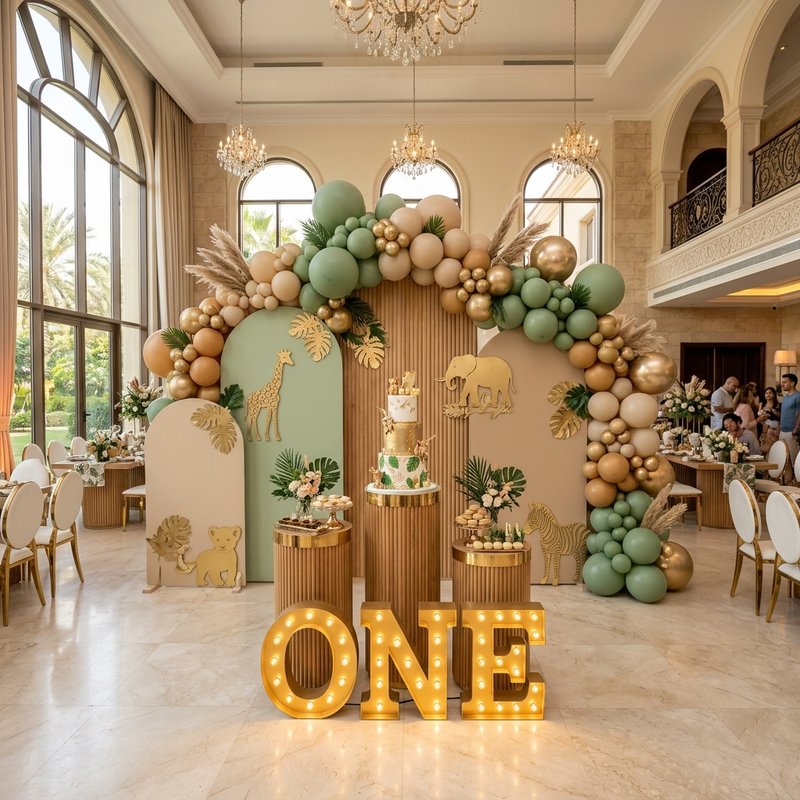 Luxury safari 1st birthday decor and props in Arabian Ranches