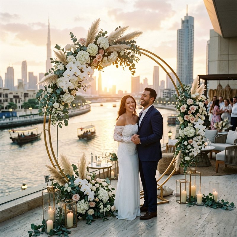 Ivory and gold circular ring arch in Al Jaddaf waterfront suite