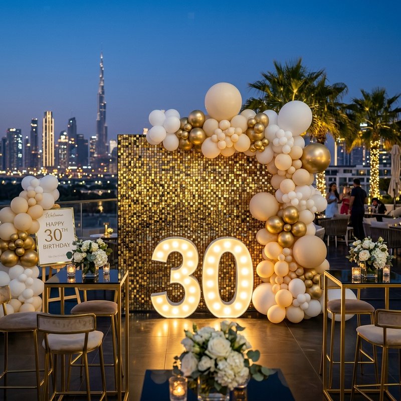 Gold shimmer wall and 30th marquee numbers in Dubai Hills Estate