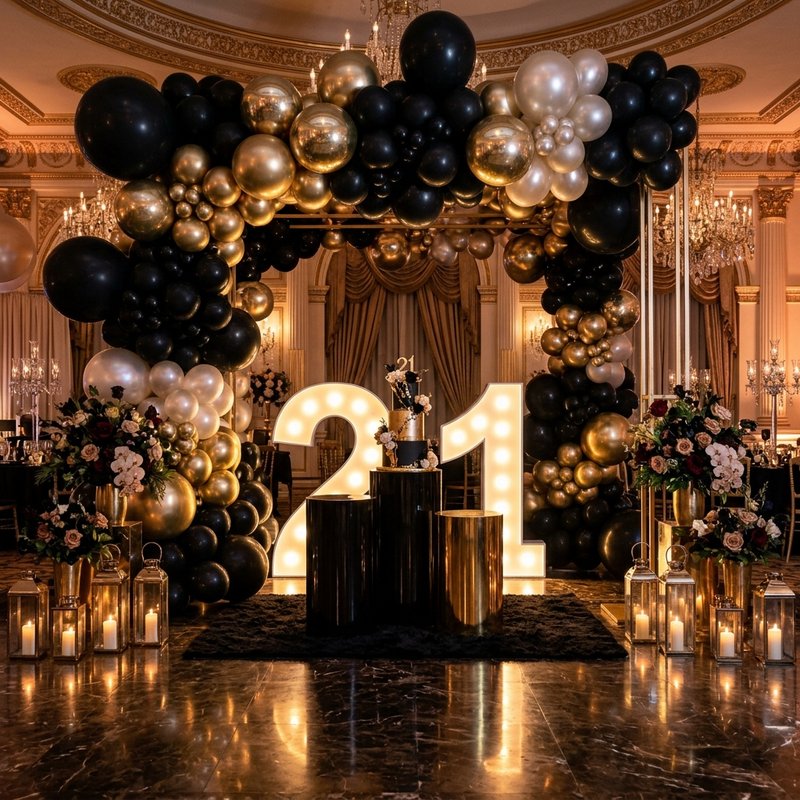 Gold and black VIP birthday party decor in Oud Metha ballroom