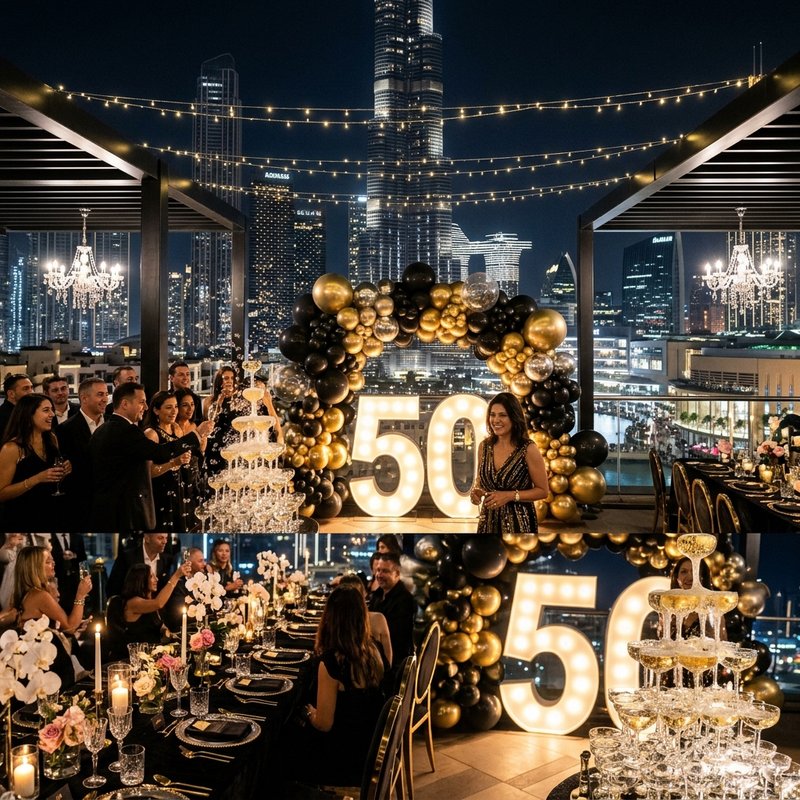 Champagne and chrome gold 50th birthday gala on Downtown Dubai terrace