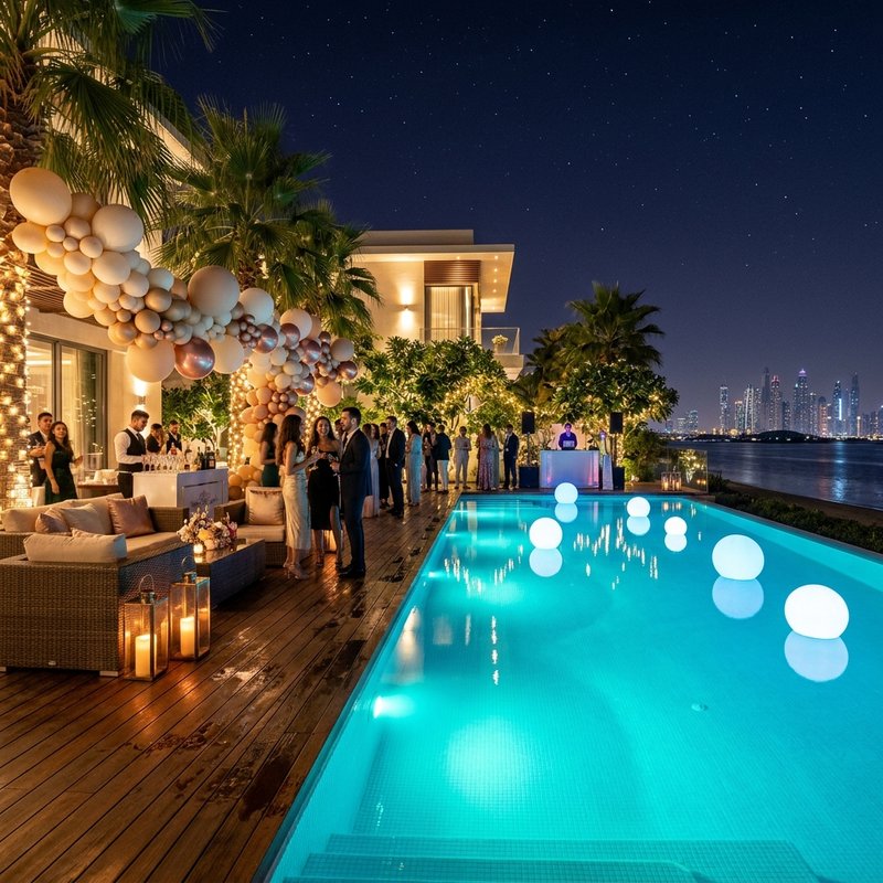 Poolside floating illuminated spheres and decor in Jumeirah Islands villa