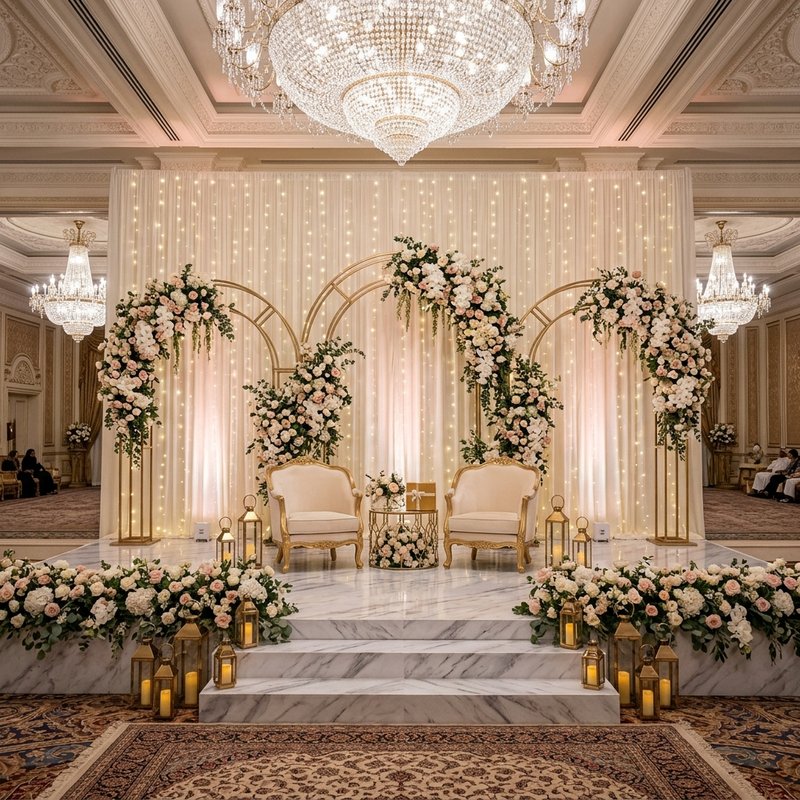 Grand floral engagement ceremony stage in five-star Dubai hotel