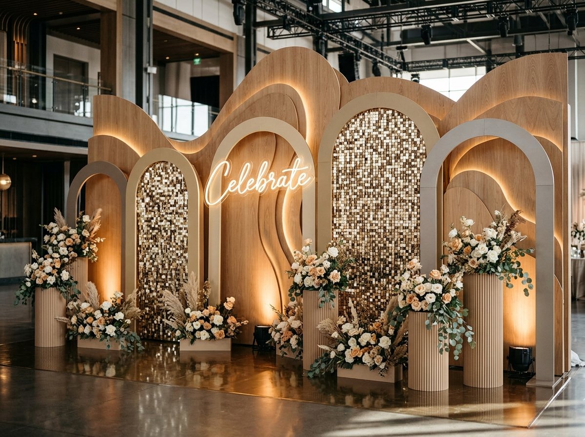 Custom ripple wood stage backdrop and script neon sign in Dubai